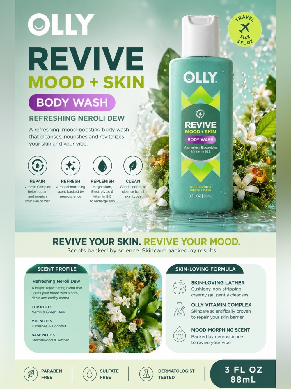 OLLY Revive Mood Skin Body Wash Travel Size 3oz Neroli Dew Magnesium B12 Sealed